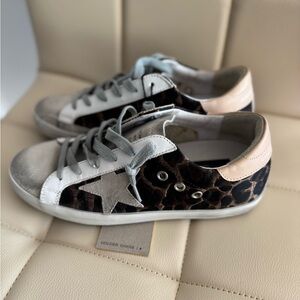 Golden Goose Leopard Print Sneakers with Gray Star and Pink Heel